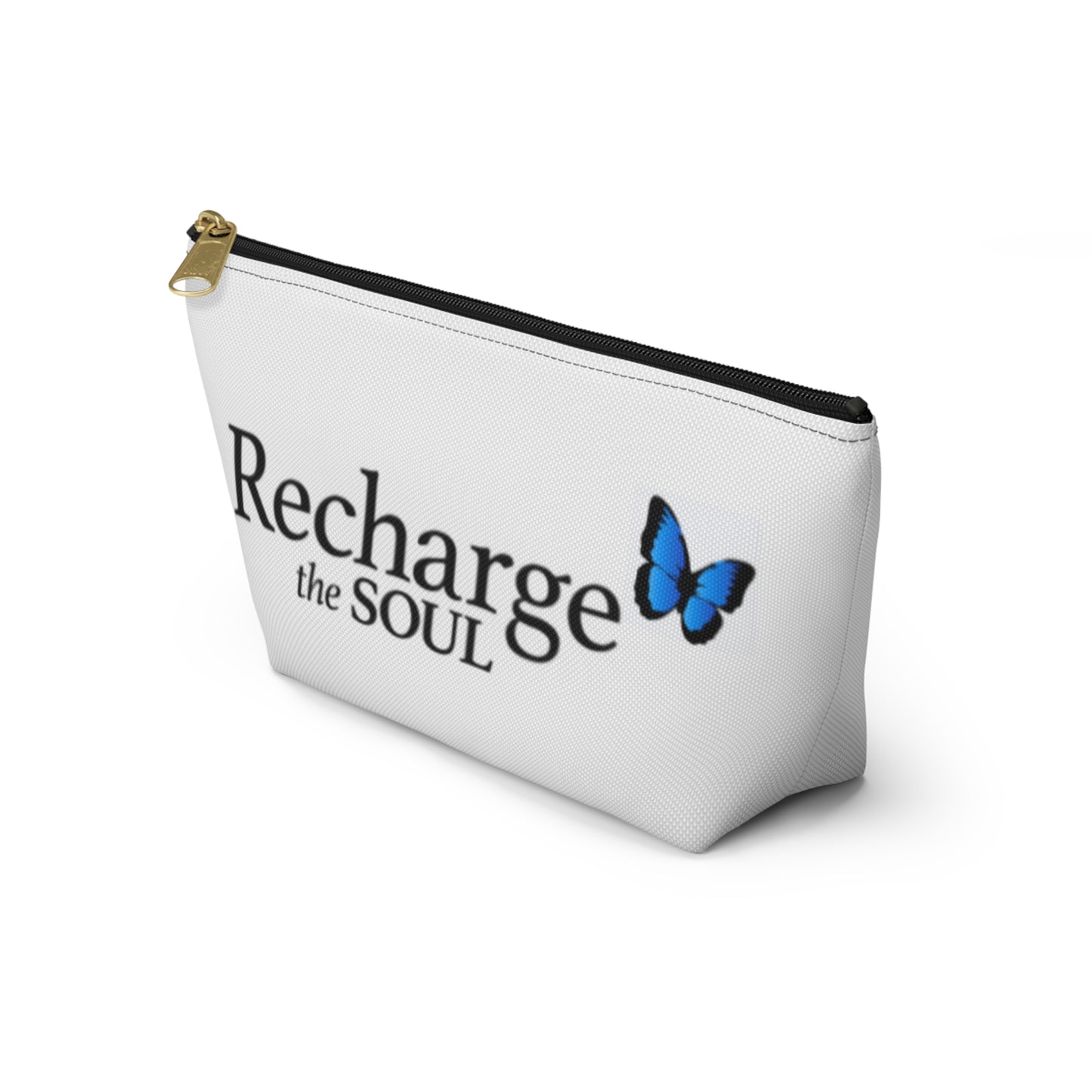 Accessory Pouch — "Recharge the Soul" Travel Makeup Bag with Blue Butterfly