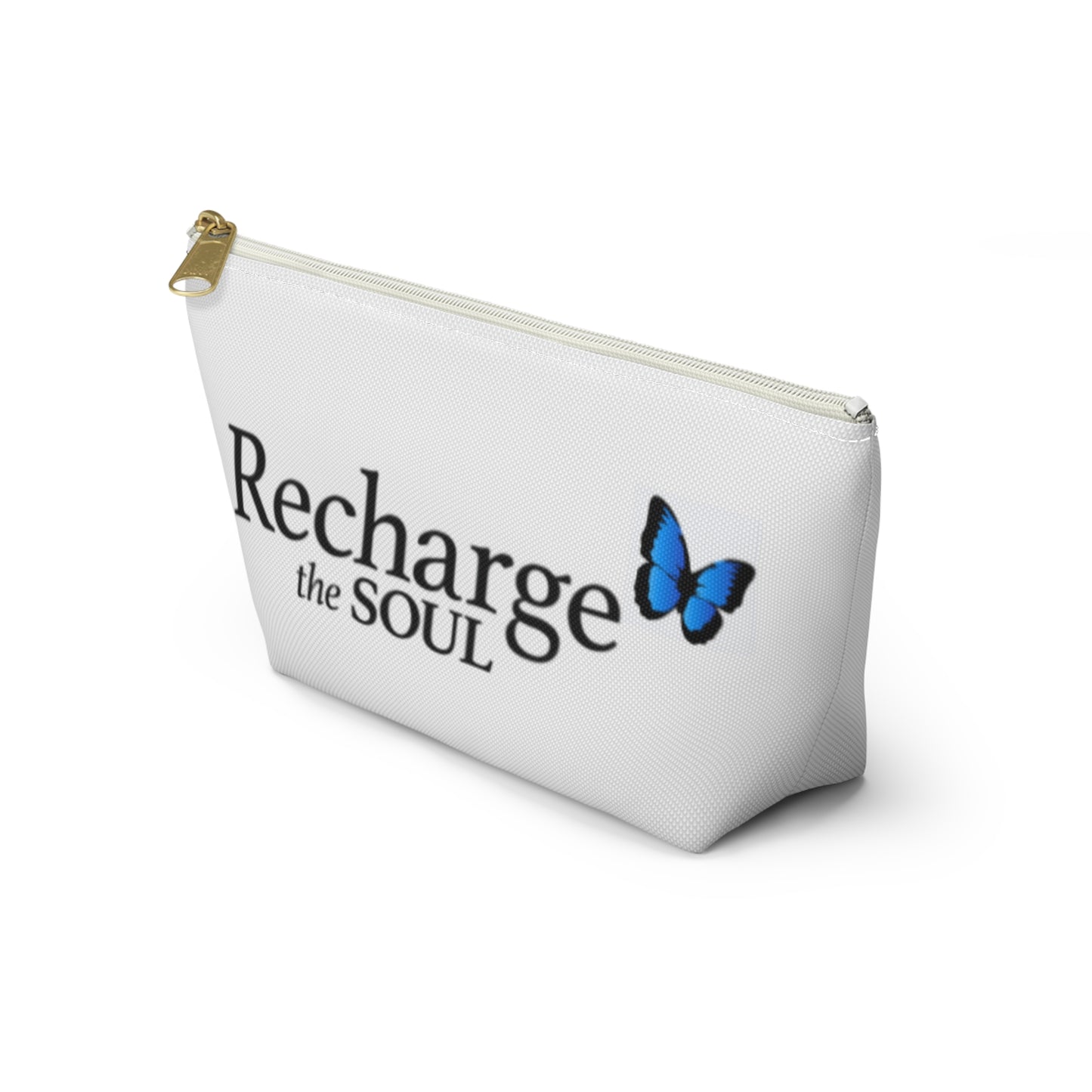 Accessory Pouch — "Recharge the Soul" Travel Makeup Bag with Blue Butterfly