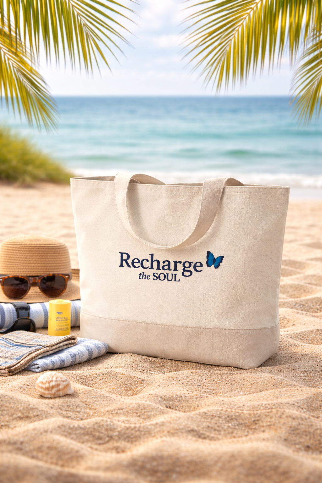 Recharge the Soul Canvas Tote — Zippered Eco Tote with Butterfly Accent