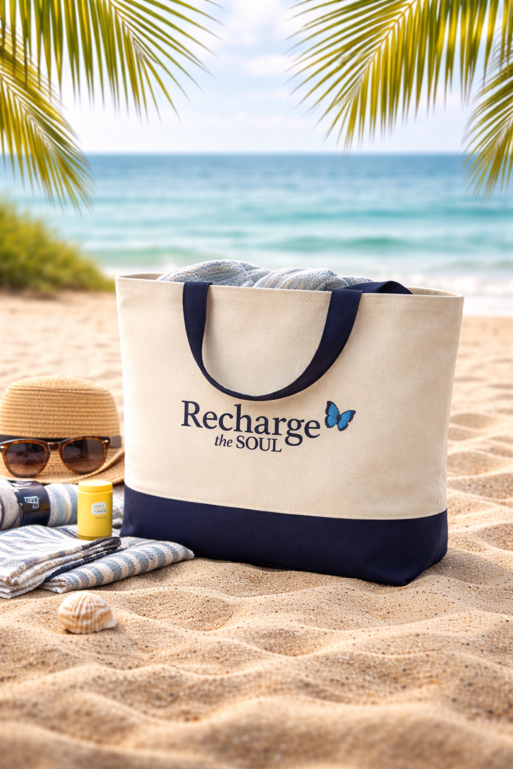 Recharge the Soul Canvas Tote — Zippered Eco Tote with Butterfly Accent