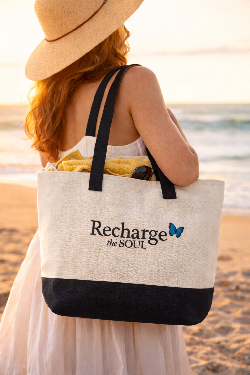 Recharge the Soul Canvas Tote — Zippered Eco Tote with Butterfly Accent