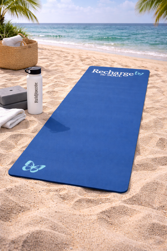Recharge the Soul Rubber Yoga Mat — Non‑Slip Blue Mat with Butterfly Accent